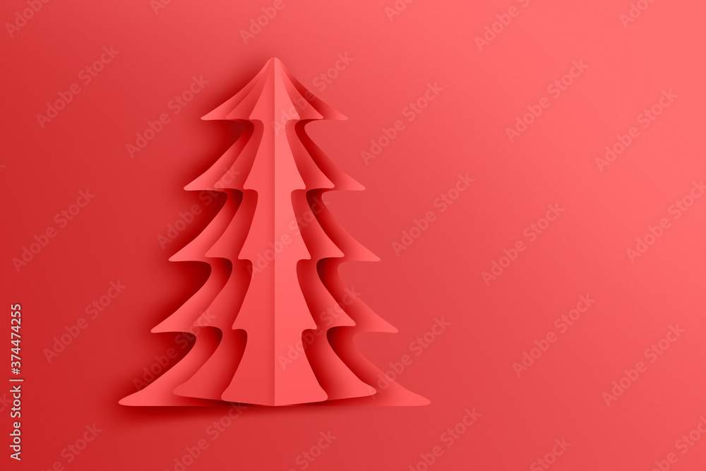RedChristmas tree on a red background. New Years tree with heralds, striped christmas pine. Design elements for holiday cards. 3d illustration
