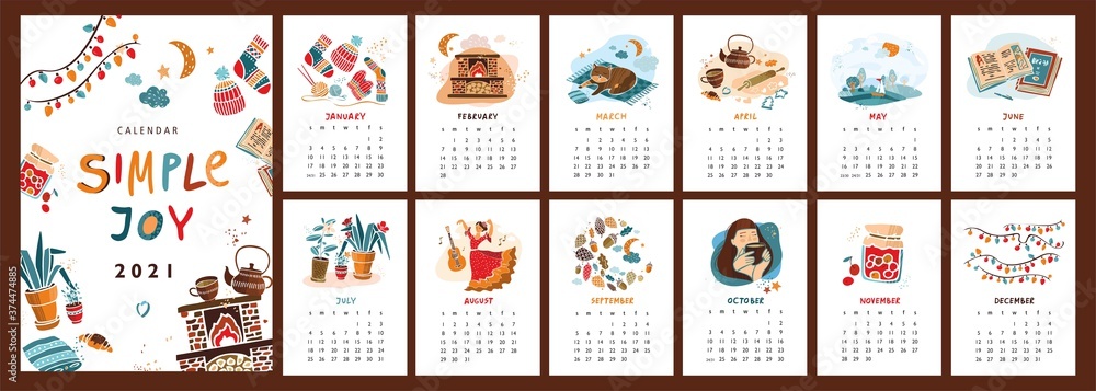 Wall vertical calendar for 2021, the week starts on Sunday. Template A4 format calendar set of month in the Scandinavian hand drawn flat style about the simple joys of life. Vector illustration.