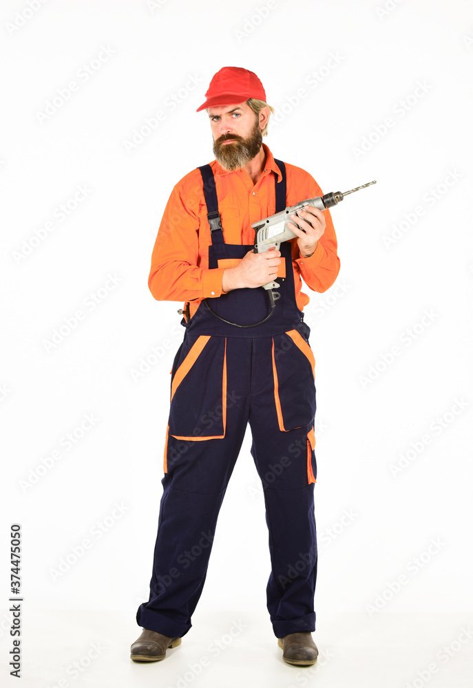 Safety measures. Powerful drill. Buy drill. Toolbox tips drilling and fixing. Man in cap with drills white background. Professional builder repairman makes hole. Drilling concept. Perforator and bit Safety measures. Powerful drill. Buy drill. Toolbox tips drilling and fixing. Man in cap with drills white background. Professional builder repairman makes hole. Drilling concept. Perforator and bit