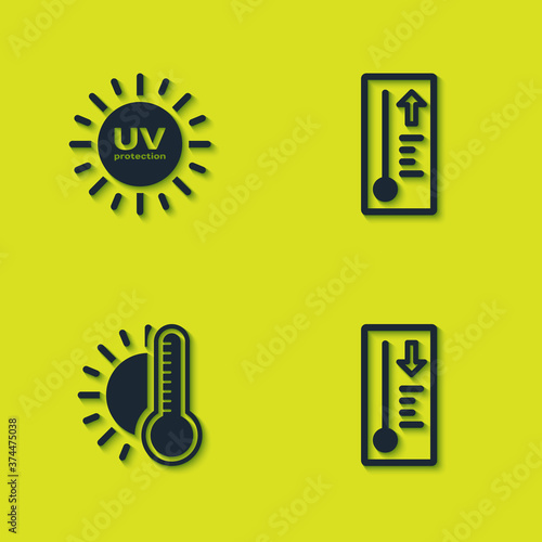Set UV protection, Meteorology thermometer, Thermometer with sun and icon. Vector.