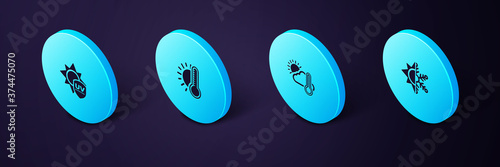Set Isometric Sun and snowflake, Thermometer cloud, sun, with and UV protection icon. Vector.