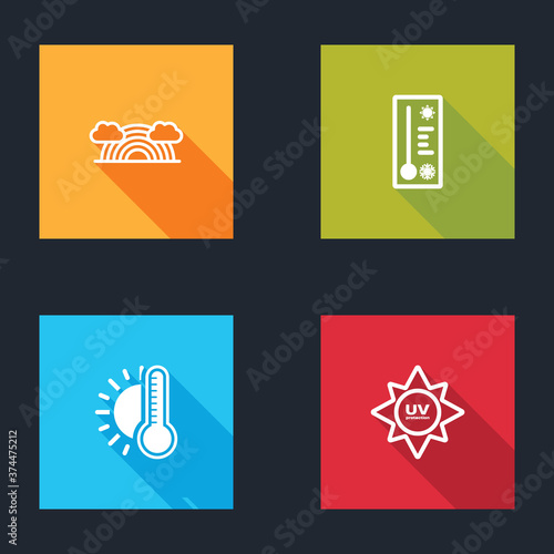 Set Rainbow with clouds, Meteorology thermometer, Thermometer sun and UV protection icon. Vector.