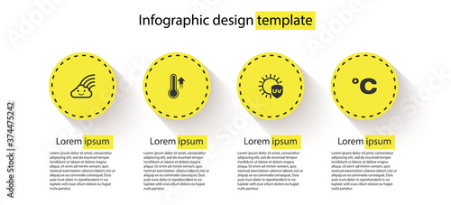 Set Rainbow with cloud, Meteorology thermometer, UV protection and Celsius. Business infographic template. Vector.