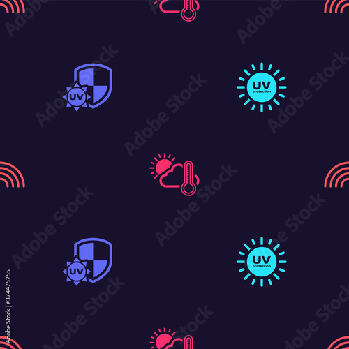 Set UV protection, , Thermometer and cloud, sun and Rainbow on seamless pattern. Vector.
