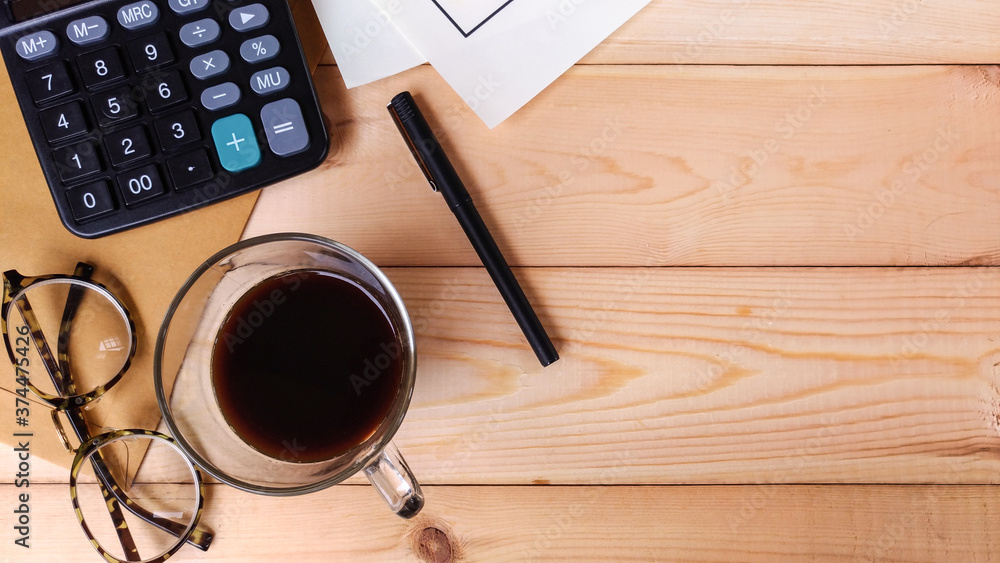 Financial accounting, money calculator on table Financial accounting, money calculator on table
