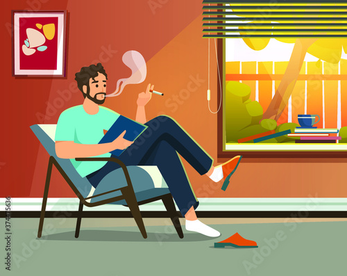 man sitting on a chair and reading a book and smoking