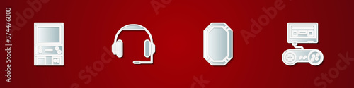 Set Retro arcade game machine, Headphones, Poker table and Game console with joystick icon. Vector.