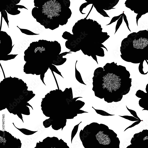 Vector flowers and petals black and white seamless pattern photo