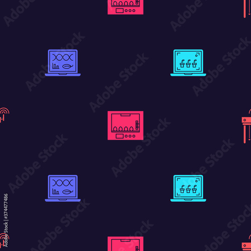Set Smart farming technology, Genetic engineering modification, Incubator for eggs and Router and wi-fi signal on seamless pattern. Vector.