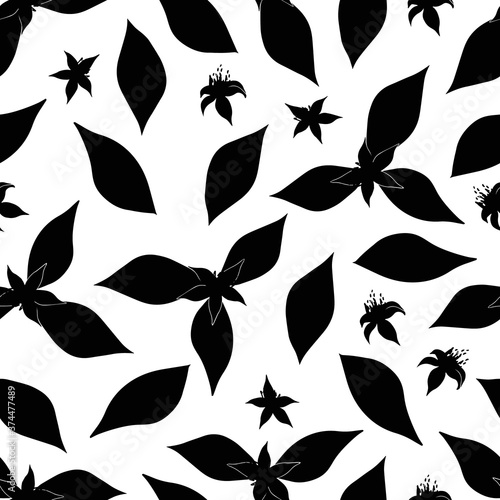 Vector flowers and petals black and white seamless pattern