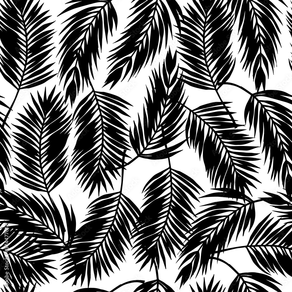 Vector palms and leaves black and white seamless pattern Vector palms and leaves black and white seamless pattern