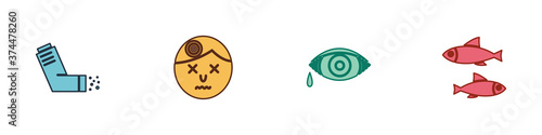 Set Inhaler, Man having headache, Reddish eye allergic conjunctivitis and Fish icon. Vector.