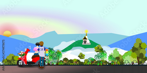 Abstract picture of a lovely couple had a special time together during morning. The view of natural scenery is beautiful with clouds floating around the mountain range for background, illustration.