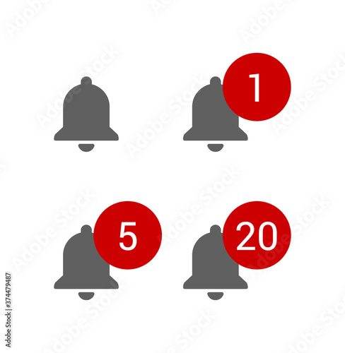 Grey bells with red round message alerts, chat or subscribe notifications for video blog, smm icons set, flat style vector illustration.