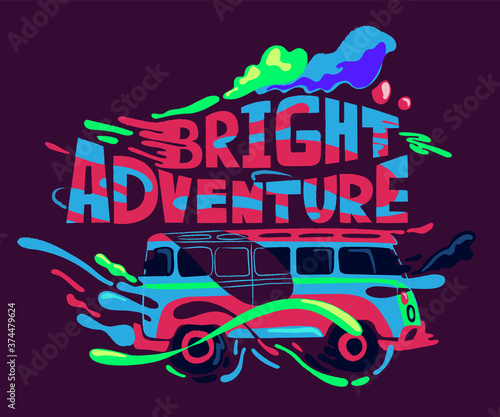A bright adventure. Hand-drawn psychedelic illustration with hippie bus. T-shirt printing