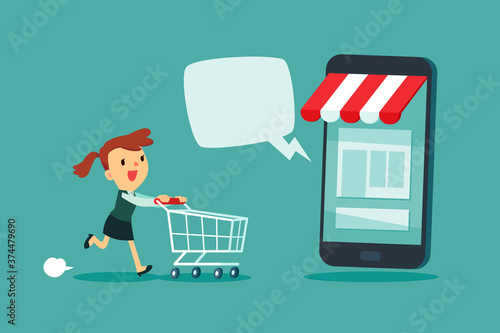 businesswoman with shopping cart shop at online store