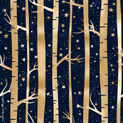 Vector seamless pattern with gold forest and stars. Night landscape with birches, trees and starry sky on blue background