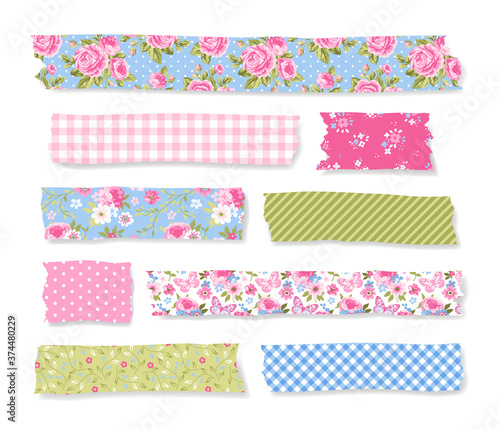 Vector colorful set of sticky washi tapes with torn edges. Collection of adhesive scotch strips with polka dots, plaid, floral patterns
