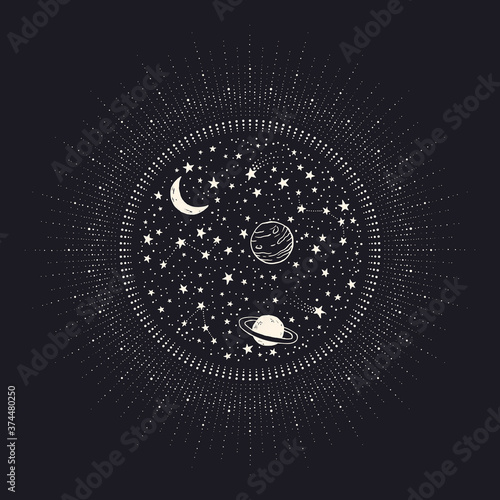 Vector background with constellations, planets, moon and stars inside shining sun with rays. Space circle shape illustration