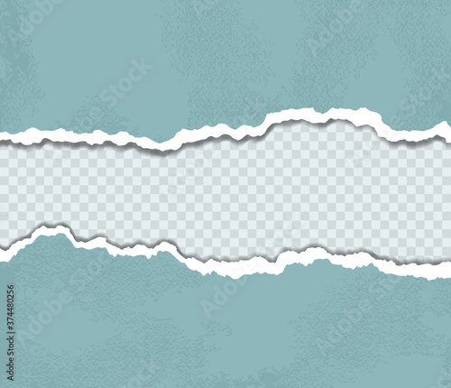 Vector illustration of blue torn paper edges. Template of ripped grunge pages on transparent background