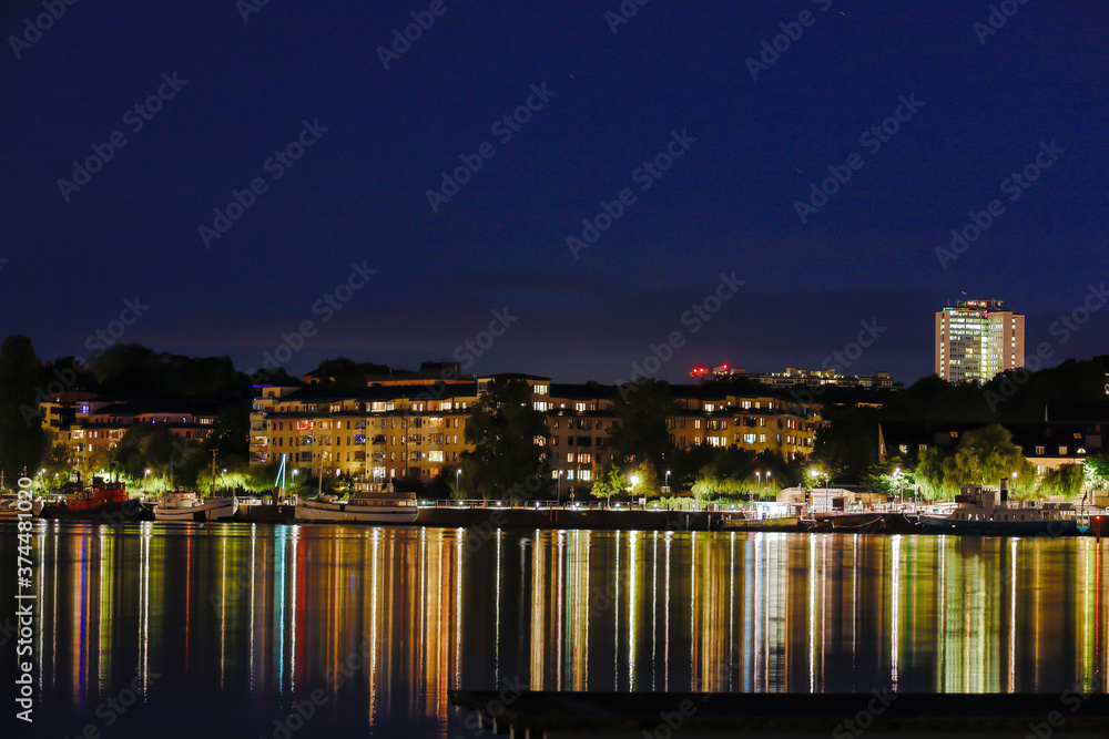 Stockholm, Sweden The skyline of Sodermalm island at night.