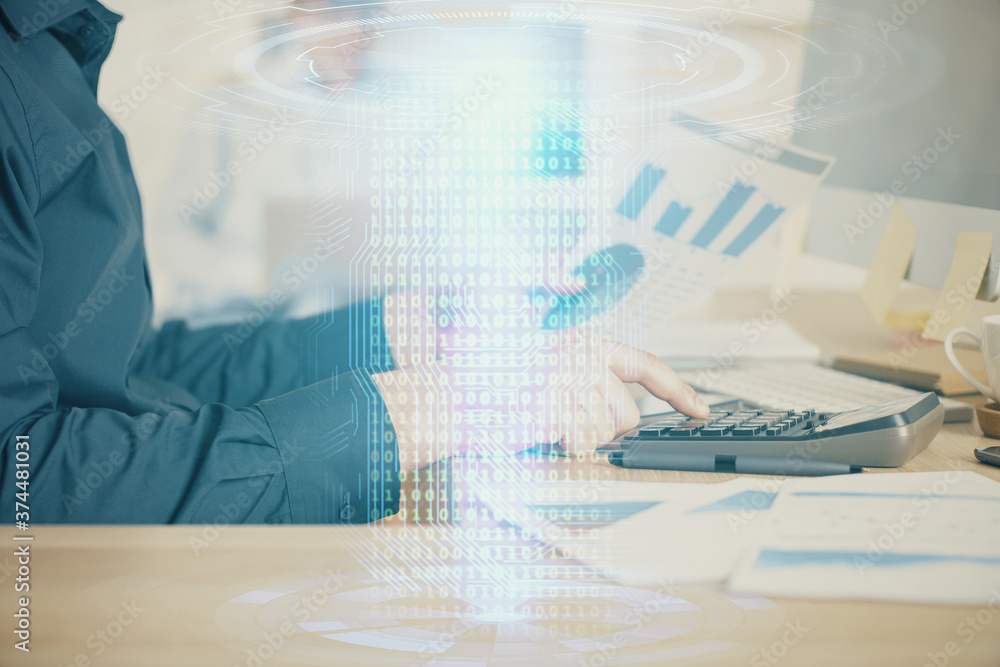 Multi exposure of tech drawings with man working on computer background. Concept of innovation. Multi exposure of tech drawings with man working on computer background. Concept of innovation.