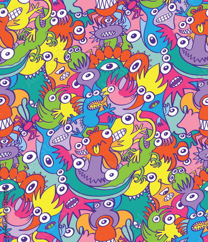 Colorful scary monsters and weird creatures in doodle art style. They compose a seamless pattern design full of decorative birds, reptiles, fishes and whimsical characters, spooky and mischievous