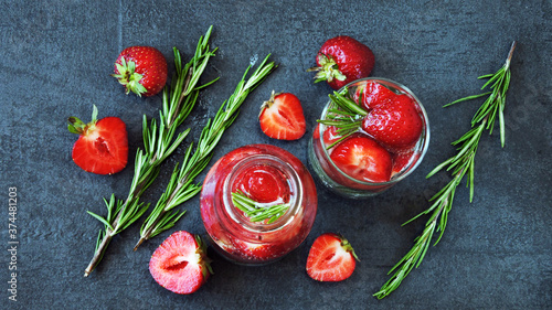 Strawberry detox drink with rosemary. Refreshing cocktail.