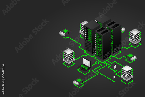 Concept of data network management .Vector isometric map with business networking servers computers and devices.Cloud storage data and synchronization of devices.3d isometric style