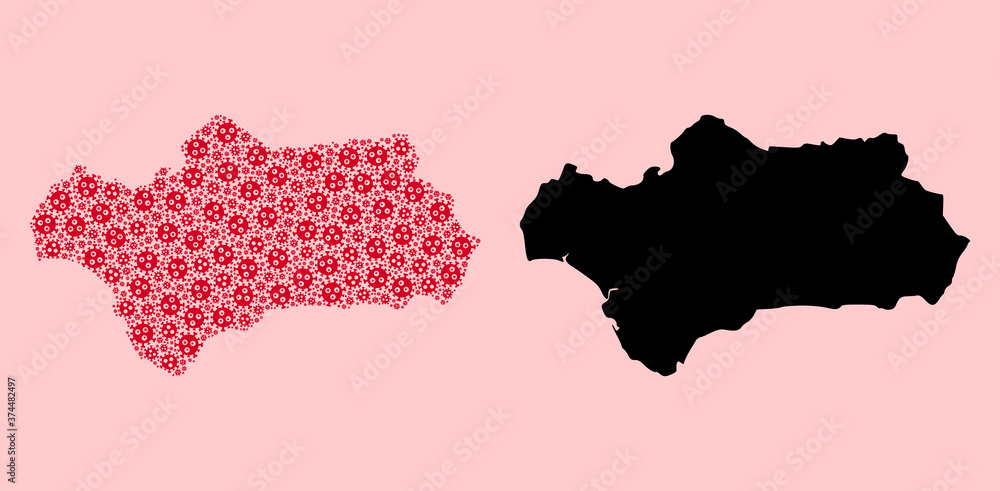 Vector Mosaic Map of Andalusia Province of Coronavirus Icons and Solid Map