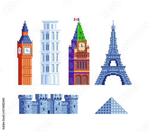 Buildings pixel art set world sights isolated vector illustration. Banner for the tourist tour famous monuments. Vacation time, trip. Tourist attraction landmark. Design for stickers and logo