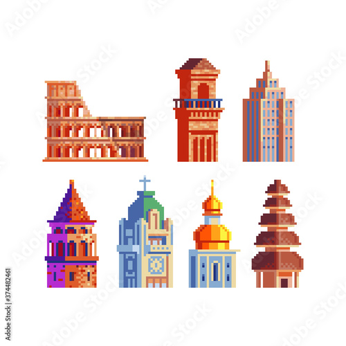 Popular buildings pixel art 80s style icons set isolated vector illustration. Banner for the tourist tour famous monuments. Vacation time. Tourist attraction landmark. Design for stickers and logo
