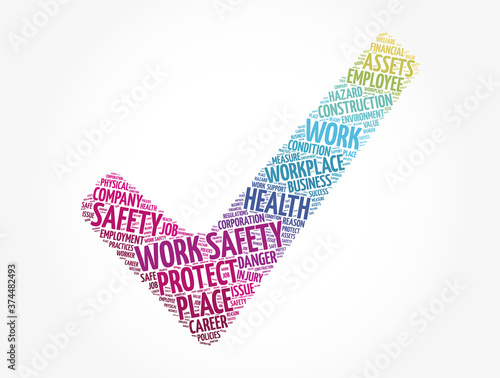 Work Safety check mark word cloud collage with terms such as employee, company, business concept background