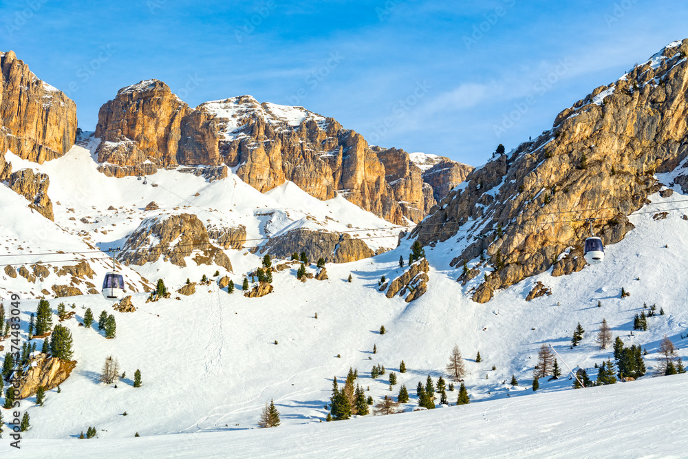 Dolomites landscape panorama in winter, Italy, Pian Frataces-Gherdecia