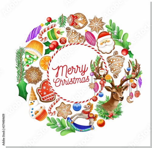 Christmas illustration. Christmas card. Gingerbread. Holiday banners, Christmas toys. merry Christmas.