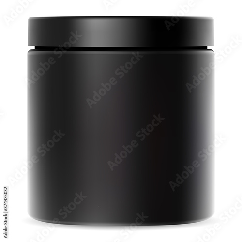 Black jar. Plastic container for cream. Cosmetic packaging mockup with glossy lid for whey protein powder or premium sport supplement. Cylinder tube package for bodybuilding vitamin or shake