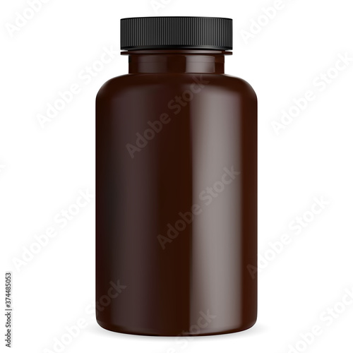 Brown pill bottle mockup. Medical tablet capsule vial. Amber supplement container with black lid. Cylinder package for pharmaceutical medicament isolated on white. Big plastic pharmacy box