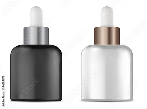 Dropper bottle. Cosmetic serum eyedropper vial mock up. Natural treatment liquid packaging blank, isolated on white. Organic essence oil flask mock up. Fruit flower herbal aromatherapy