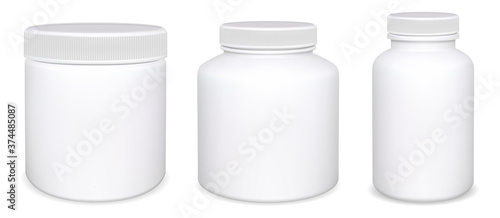 Supplement bottle white mockup. Vitamin pill jar isolated template. Powder container canister pack for sport nutrition product. Fitness food can. Pharmacy tablet or capsule illustration