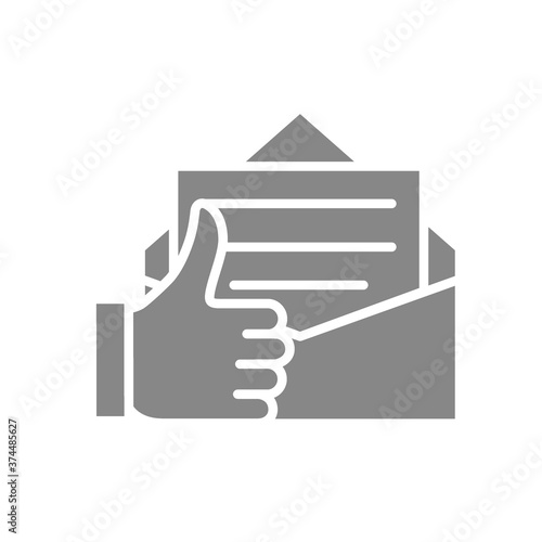 Letter with thumb up gray icon. Customer feedback, email review, online message symbol