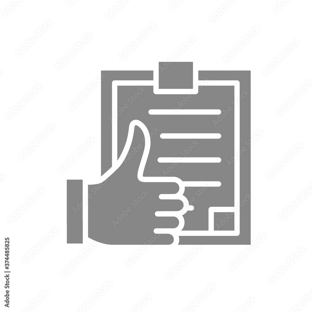 Clipboard with thumb up gray icon. Approved test, user questionnaire, positive feedback symbol Clipboard with thumb up gray icon. Approved test, user questionnaire, positive feedback symbol