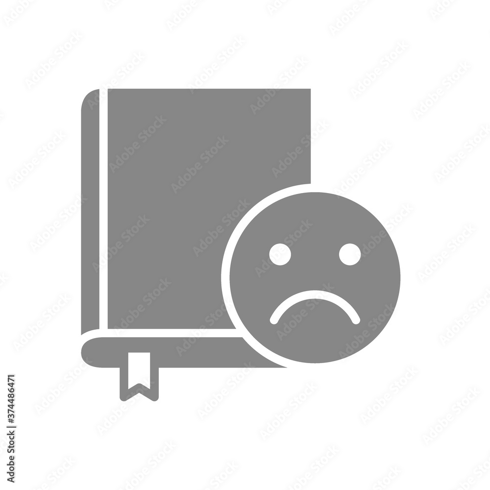 Book with sad face grey icon. Bad literature review, negative feedback sign Book with sad face grey icon. Bad literature review, negative feedback sign