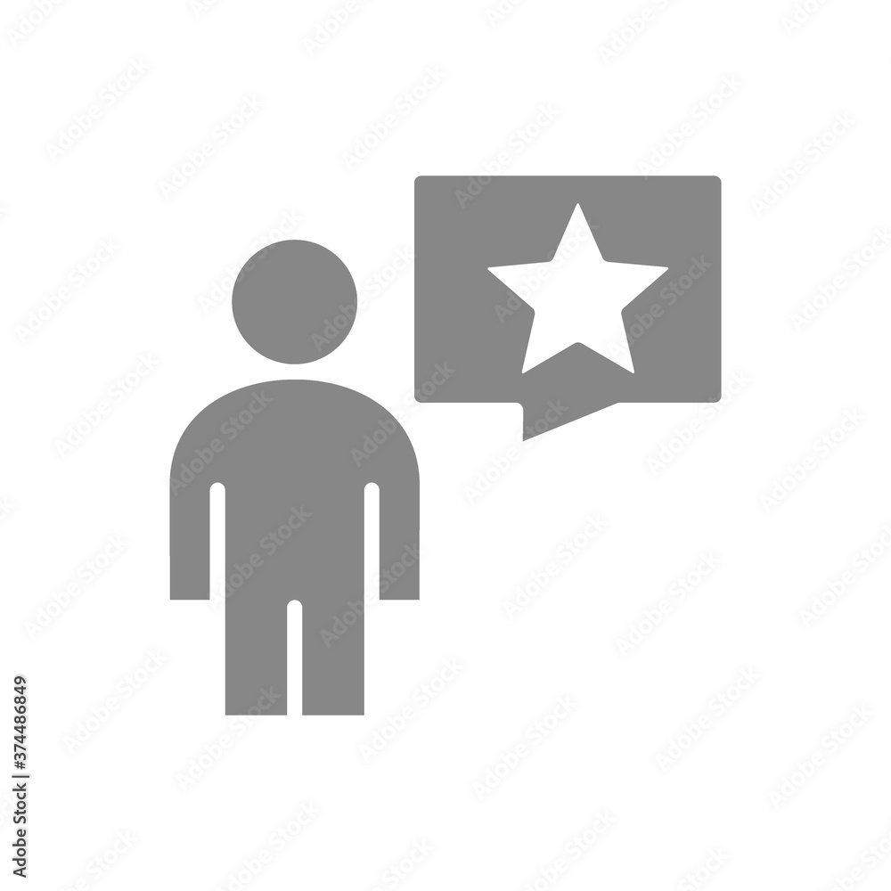 Man with speech bubble and star grey icon. Review, feedback, comment, customer satisfaction symbol Man with speech bubble and star grey icon. Review, feedback, comment, customer satisfaction symbol