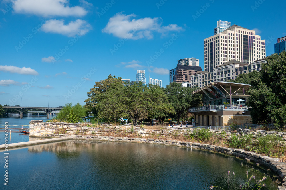 Skyline of Austin, Texas. It is the capital of the US state of Texas and the seat of Travis County.