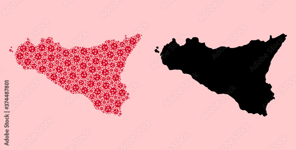 Vector Collage Map of Sicilia Island of Covid-2019 Virus Icons and Solid Map