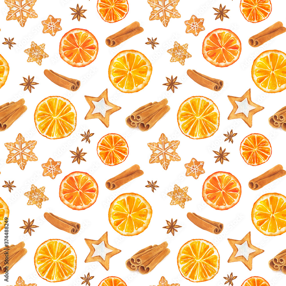 Obraz premium Watercolor seamless pattern with Christmas gingerbread cookies, orange, star anise and cinnamon