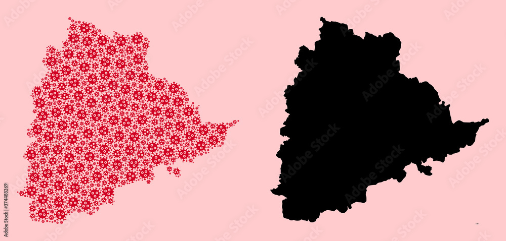 Vector Mosaic Map of Telangana State of SARS Virus Parts and Solid Map Vector Mosaic Map of Telangana State of SARS Virus Parts and Solid Map