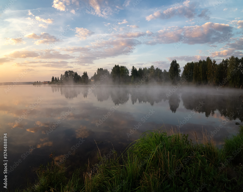 morning landscape on the shore of the Ural lake with fog, Russia, Ural, August morning landscape on the shore of the Ural lake with fog, Russia, Ural, August