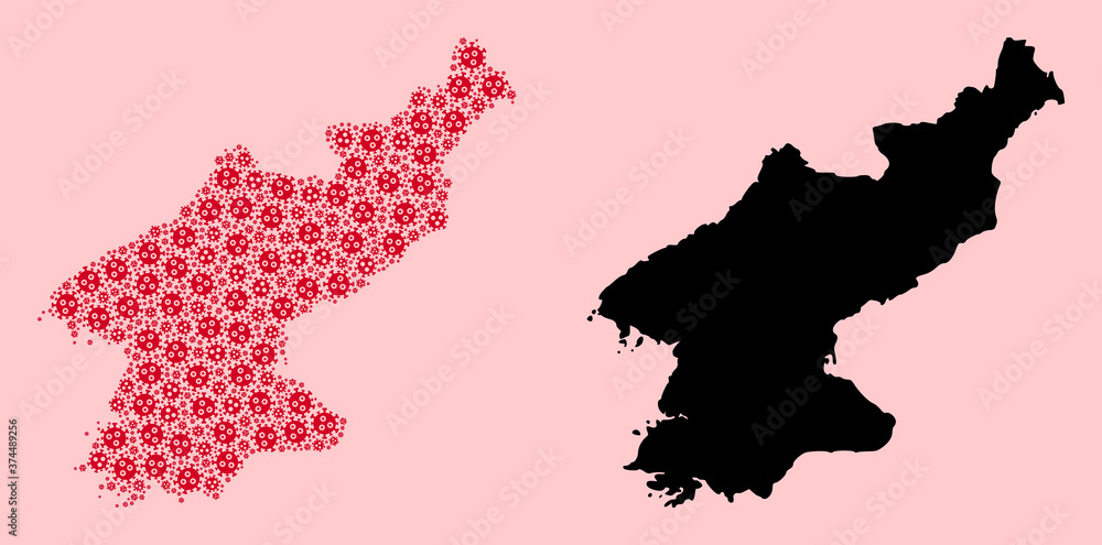 Vector Collage Map of North Korea of Covid-2019 Virus Particles and Solid Map