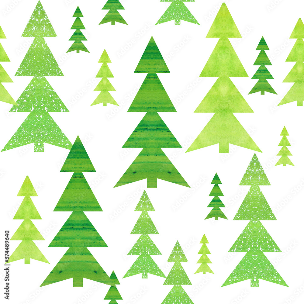 Fototapeta premium Watercolor fir trees on white snow. Christmas pattern.